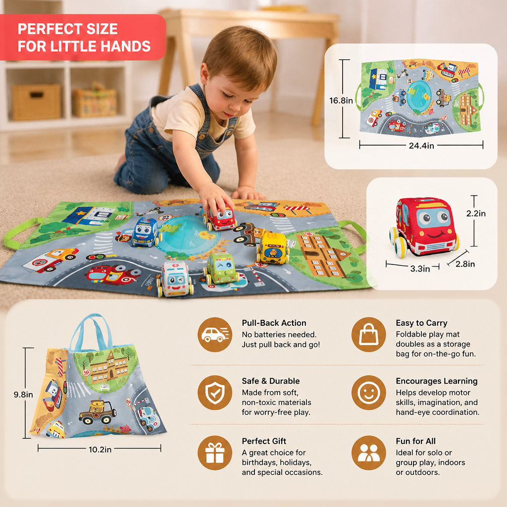 Soft Pull-Back Car Toy Set with Foldable Playmat Carry Bag for Toddlers