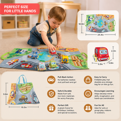 Soft Pull-Back Car Toy Set with Foldable Playmat Carry Bag for Toddlers