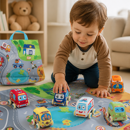 Soft Pull-Back Car Toy Set with Foldable Playmat Carry Bag for Toddlers