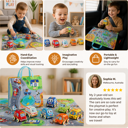 Soft Pull-Back Car Toy Set with Foldable Playmat Carry Bag for Toddlers