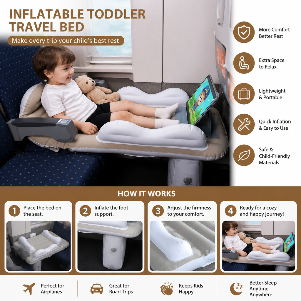 Inflatable Toddler Travel Bed with Seat Extension for Airplanes and Cars