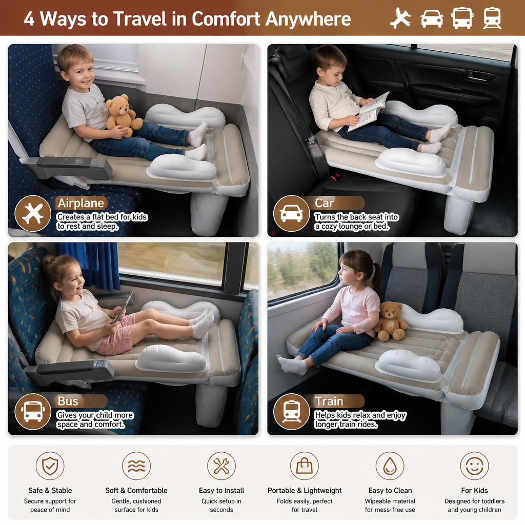 Inflatable Toddler Travel Bed with Seat Extension for Airplanes and Cars