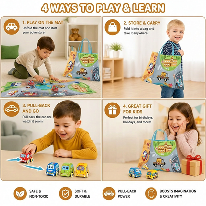 Soft Pull-Back Car Toy Set with Foldable Playmat Carry Bag for Toddlers