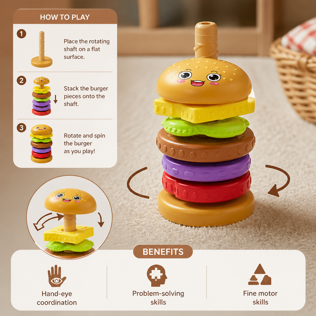 Interactive Rotating Burger Stacking Puzzle