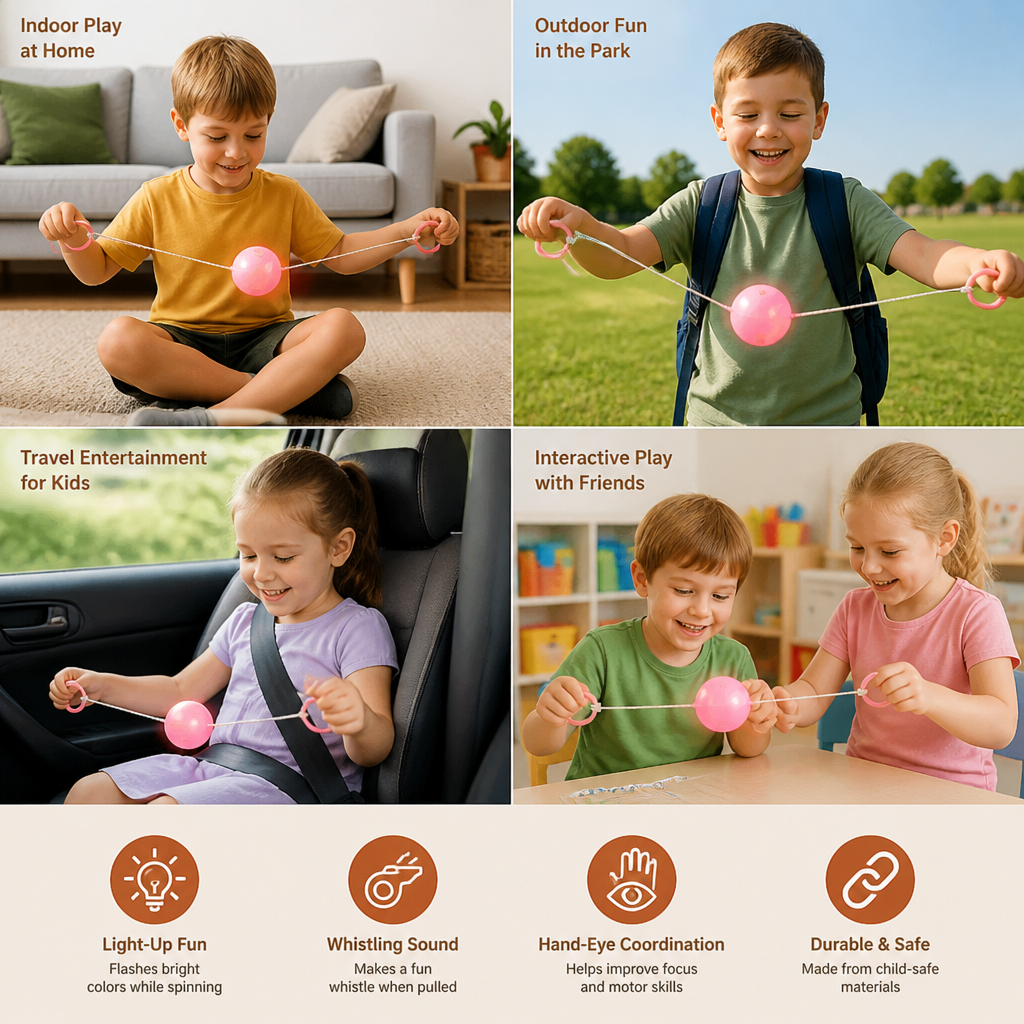 Light-Up Whistling Pull String Spinning Ball Toy
