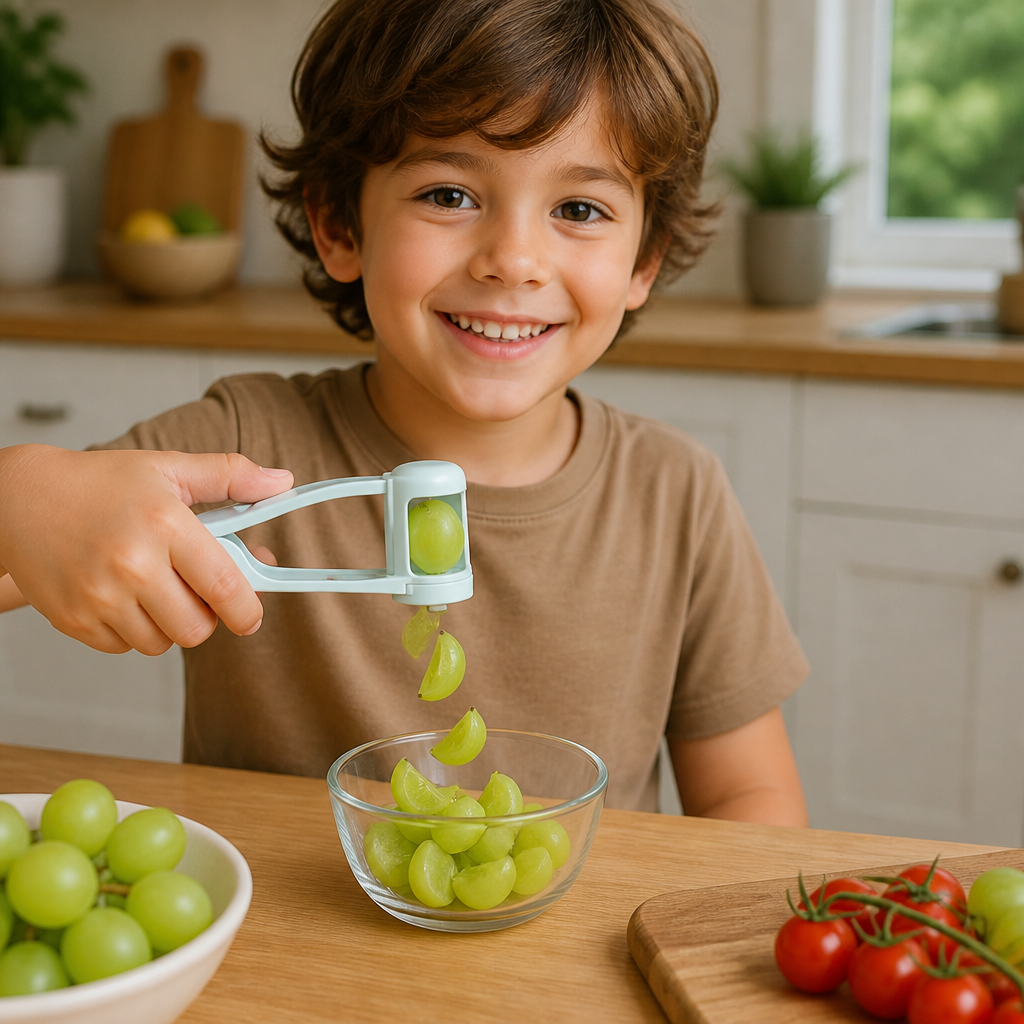 Stainless Steel Grape & Cherry Tomato Cutter – Safe One-Press Quarter Slicer for Toddlers & Kids