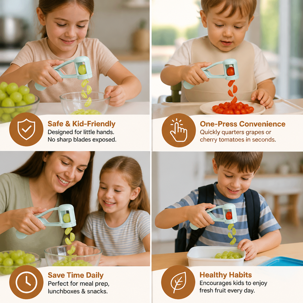 Stainless Steel Grape & Cherry Tomato Cutter – Safe One-Press Quarter Slicer for Toddlers & Kids