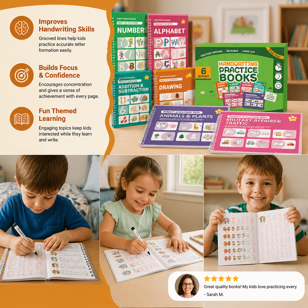 Reusable Grooved Handwriting Practice Books for Kids – 6-Piece Tracing & Writing Set