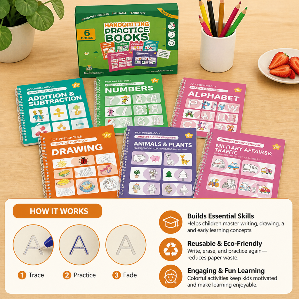 Reusable Grooved Handwriting Practice Books for Kids – 6-Piece Tracing & Writing Set