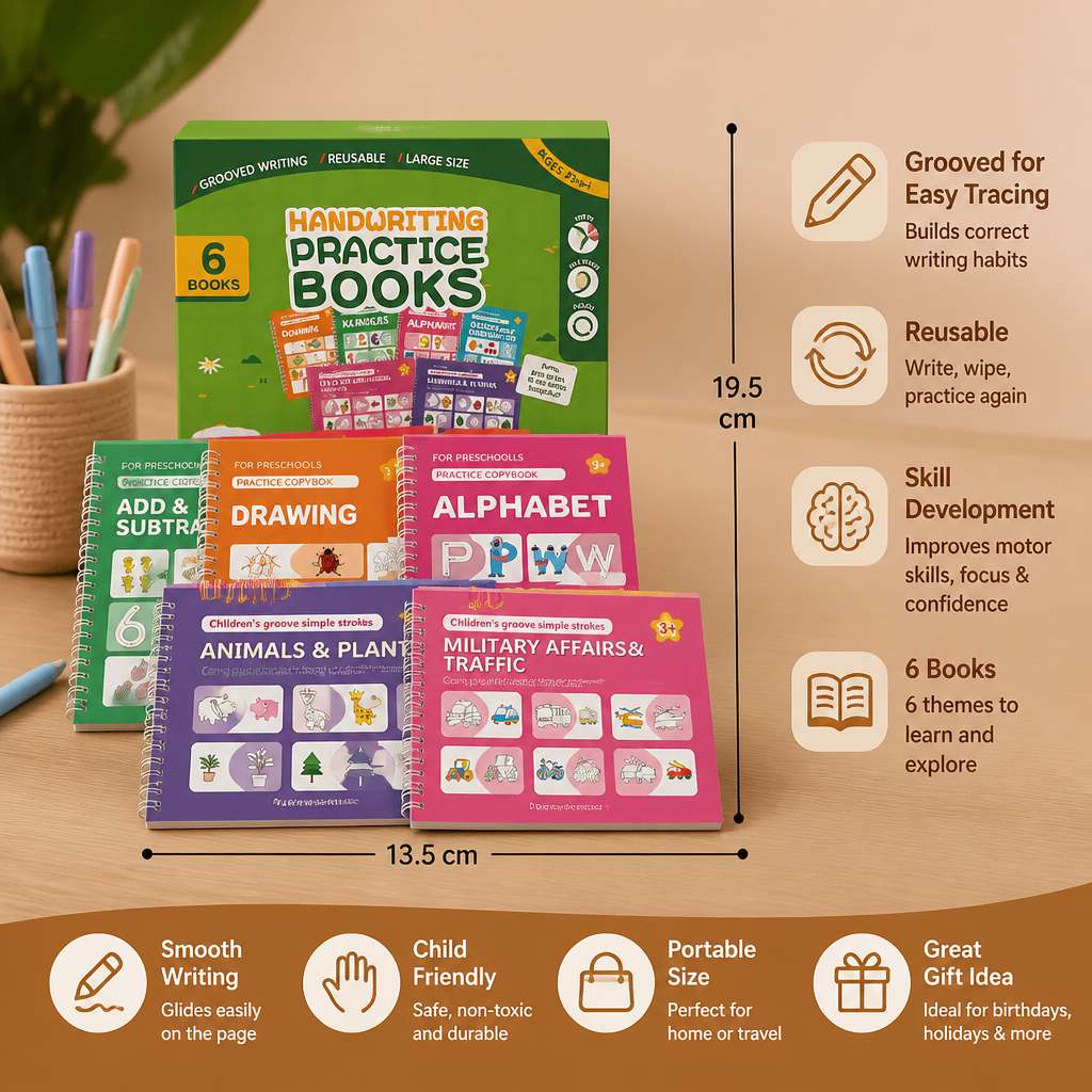 Reusable Grooved Handwriting Practice Books for Kids – 6-Piece Tracing & Writing Set