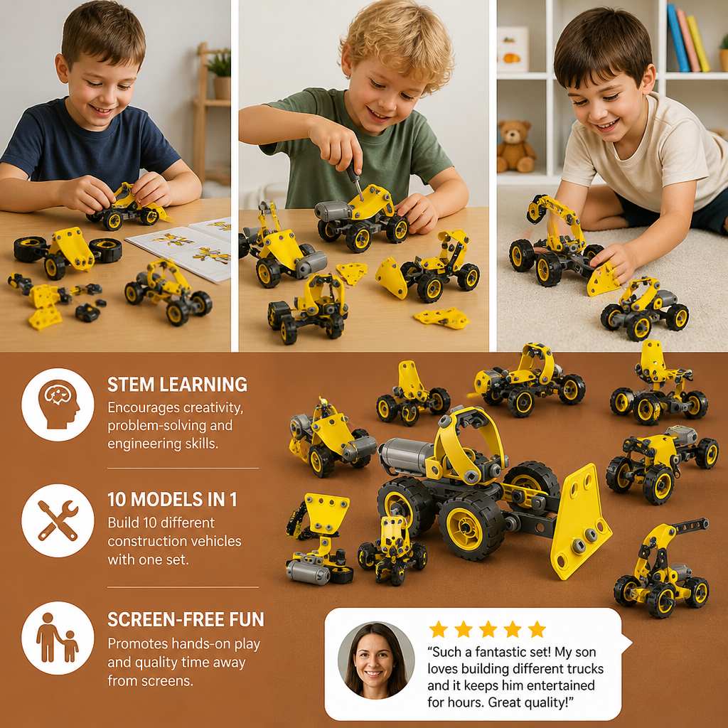 10-in-1 Creative Electric Construction Truck Building Set for Kids
