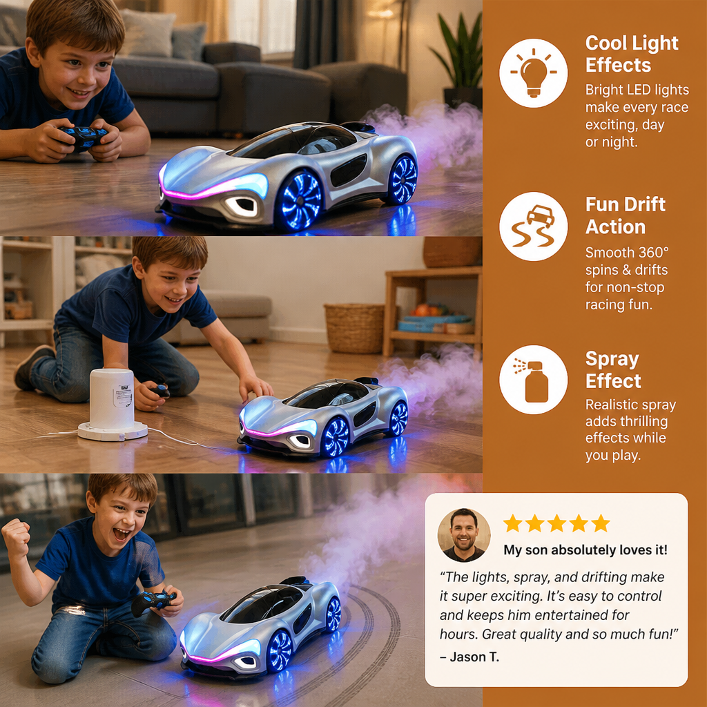 Light-Up RC Drift Car with Spray Effect & Charging Station