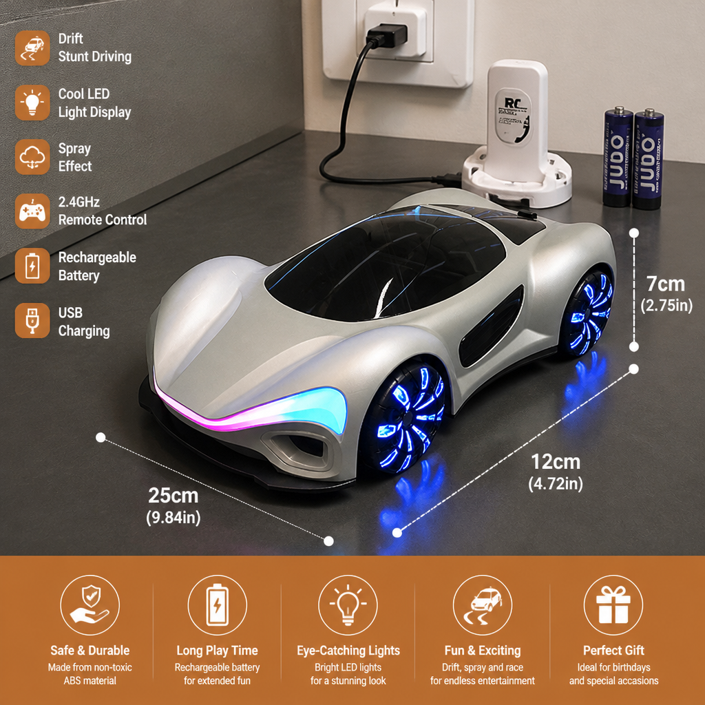 Light-Up RC Drift Car with Spray Effect & Charging Station