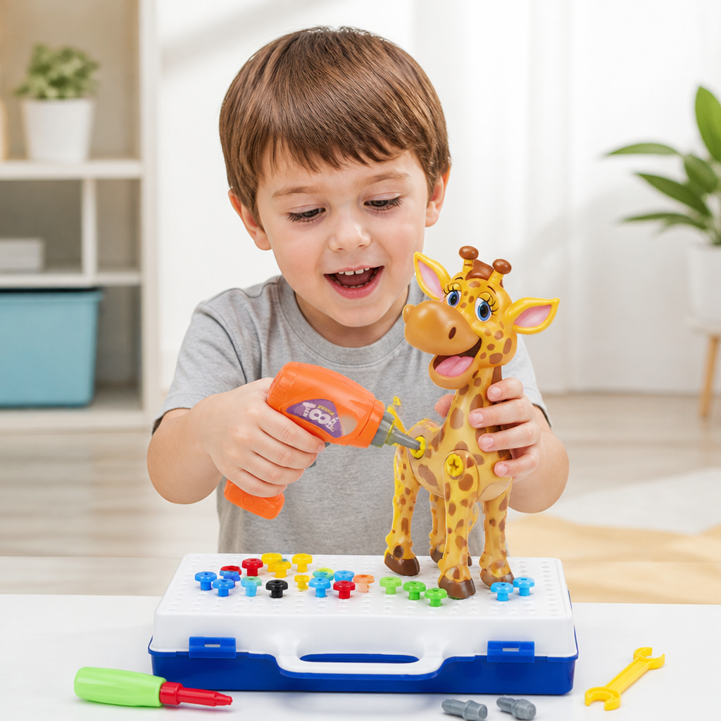 Safari Animal Building Block Set with Electric Toy Drill for Kids