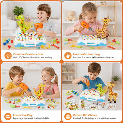 Safari Animal Building Block Set with Electric Toy Drill for Kids