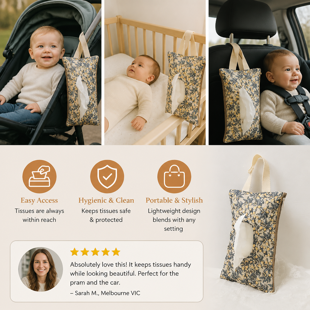 Hanging Tissue Holder for Strollers, Cribs & Cars
