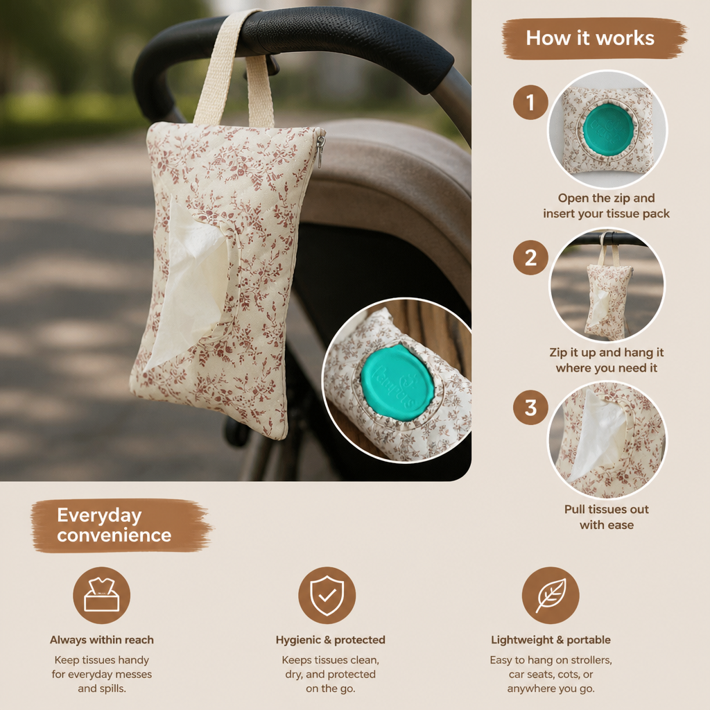Hanging Tissue Holder for Strollers, Cribs & Cars