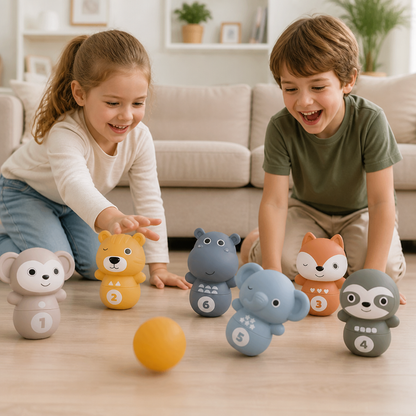 6-in-1 Soft Rubber Animal Bowling & Stacking Game – Montessori Learning Toy for Kids