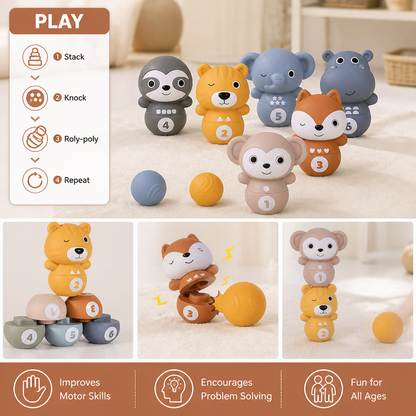 6-in-1 Soft Rubber Animal Bowling & Stacking Game – Montessori Learning Toy for Kids