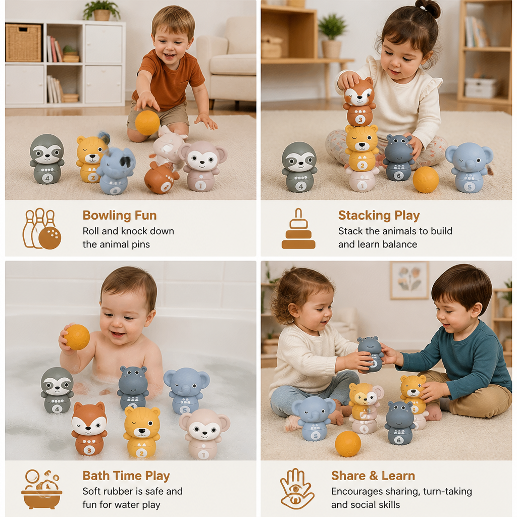 6-in-1 Soft Rubber Animal Bowling & Stacking Game – Montessori Learning Toy for Kids