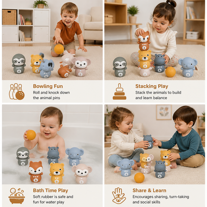6-in-1 Soft Rubber Animal Bowling & Stacking Game – Montessori Learning Toy for Kids
