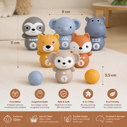 6-in-1 Soft Rubber Animal Bowling & Stacking Game – Montessori Learning Toy for Kids
