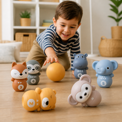6-in-1 Soft Rubber Animal Bowling & Stacking Game – Montessori Learning Toy for Kids