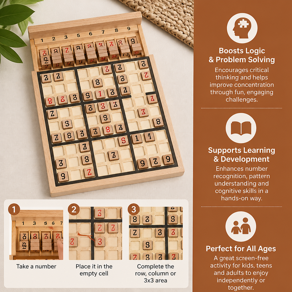 Wooden Sudoku Puzzle Board – Educational Logic & Math Game