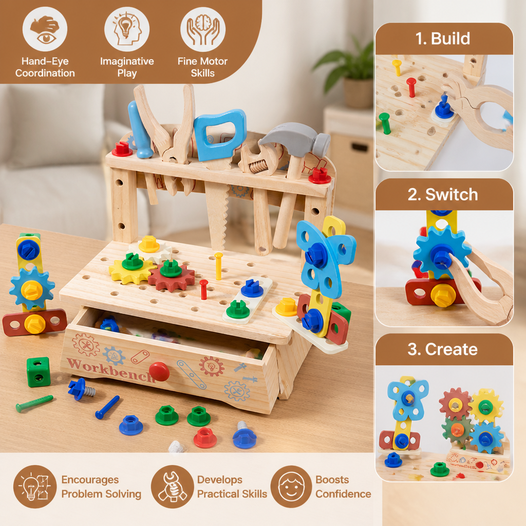Wooden Kids Workbench & Tool Set – DIY Construction & Fine Motor Skills Learning Toy
