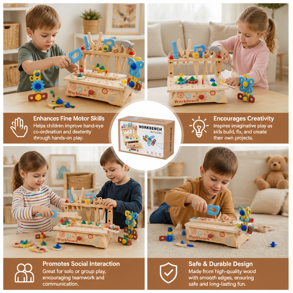 Wooden Kids Workbench & Tool Set – DIY Construction & Fine Motor Skills Learning Toy