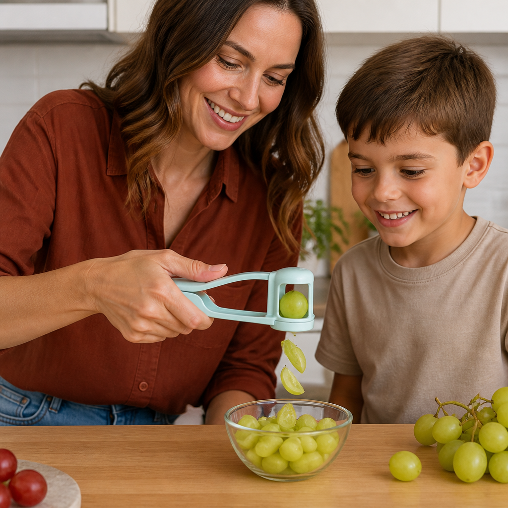 Stainless Steel Grape & Cherry Tomato Cutter – Safe One-Press Quarter Slicer for Toddlers & Kids