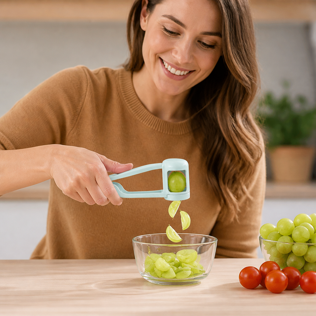 Stainless Steel Grape & Cherry Tomato Cutter – Safe One-Press Quarter Slicer for Toddlers & Kids