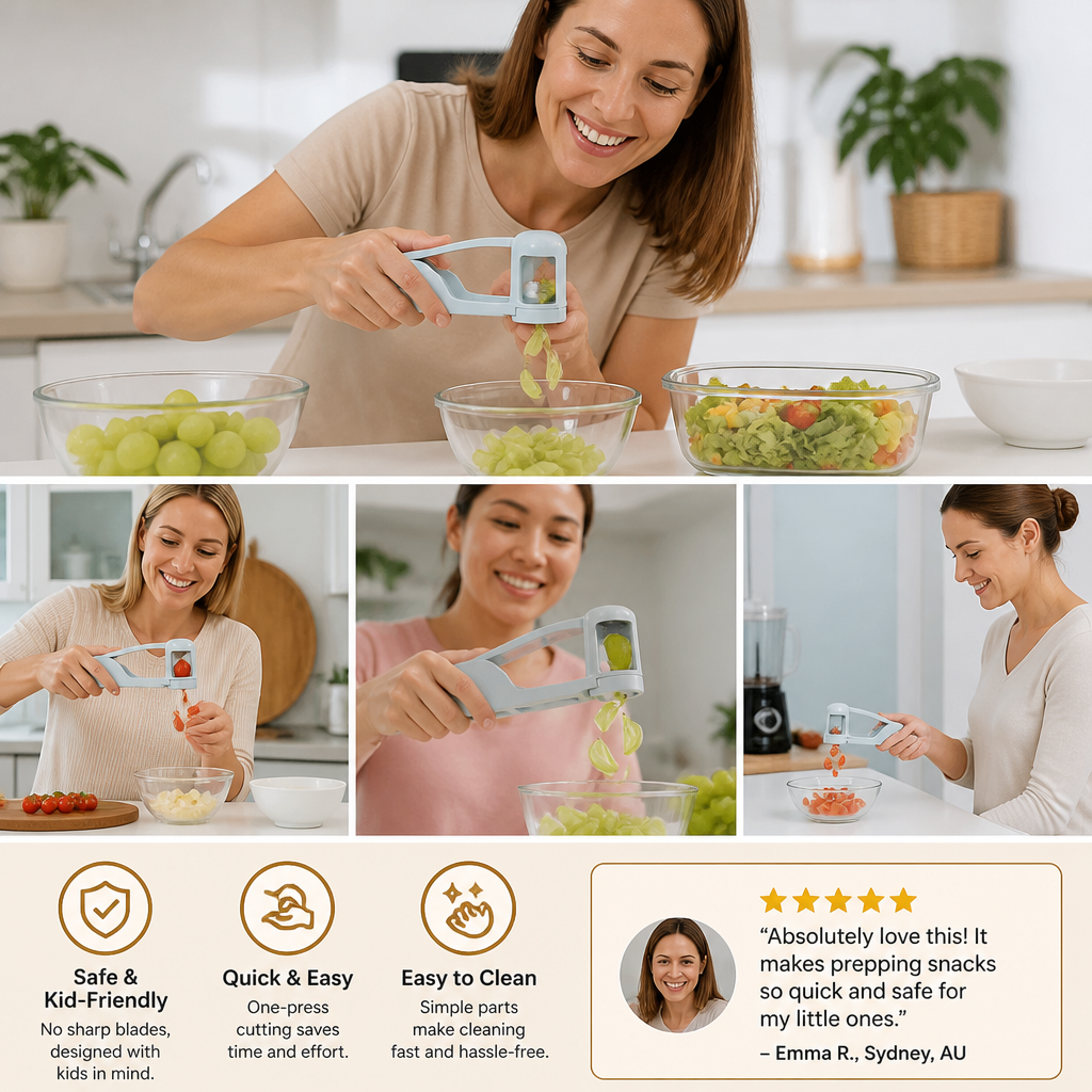 Stainless Steel Grape & Cherry Tomato Cutter – Safe One-Press Quarter Slicer for Toddlers & Kids