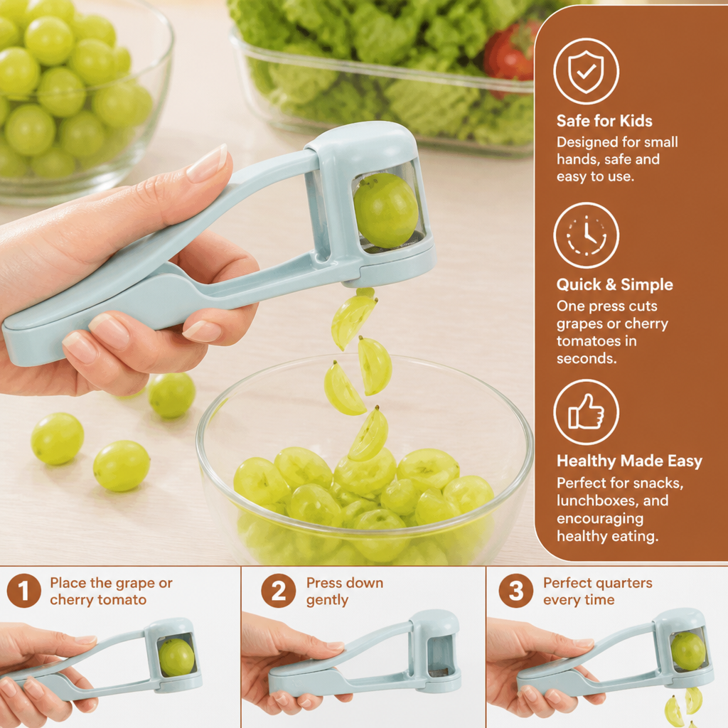 Stainless Steel Grape & Cherry Tomato Cutter – Safe One-Press Quarter Slicer for Toddlers & Kids