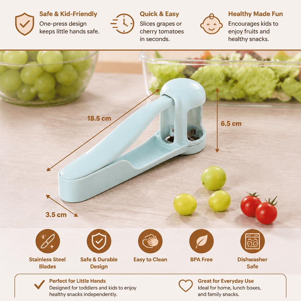 Stainless Steel Grape & Cherry Tomato Cutter – Safe One-Press Quarter Slicer for Toddlers & Kids