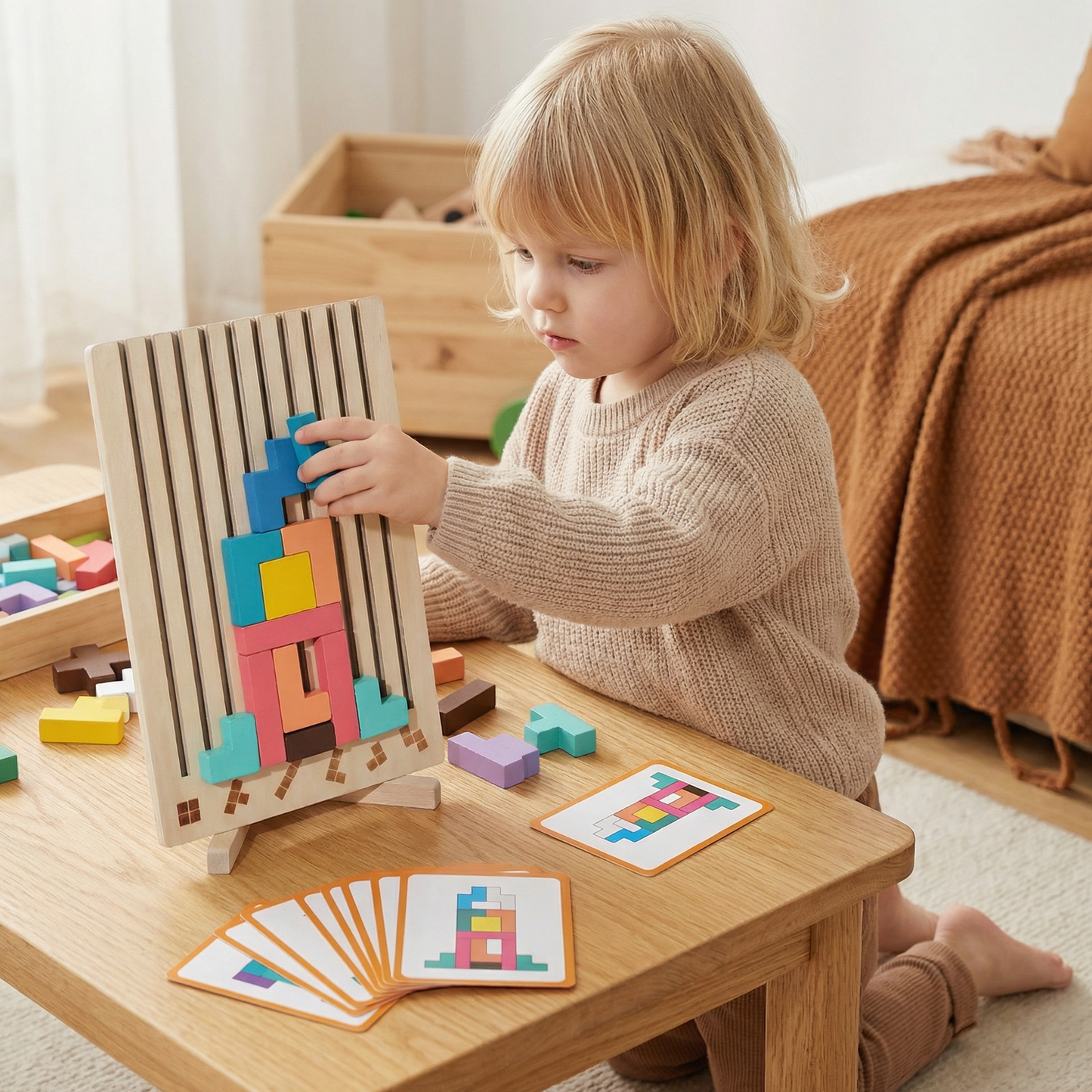 Montessori wooden blocks and shapes game