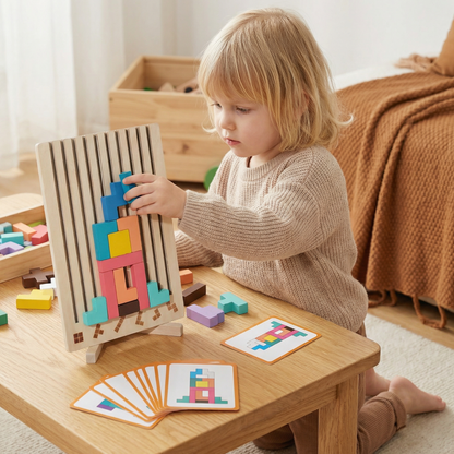 Montessori wooden blocks and shapes game