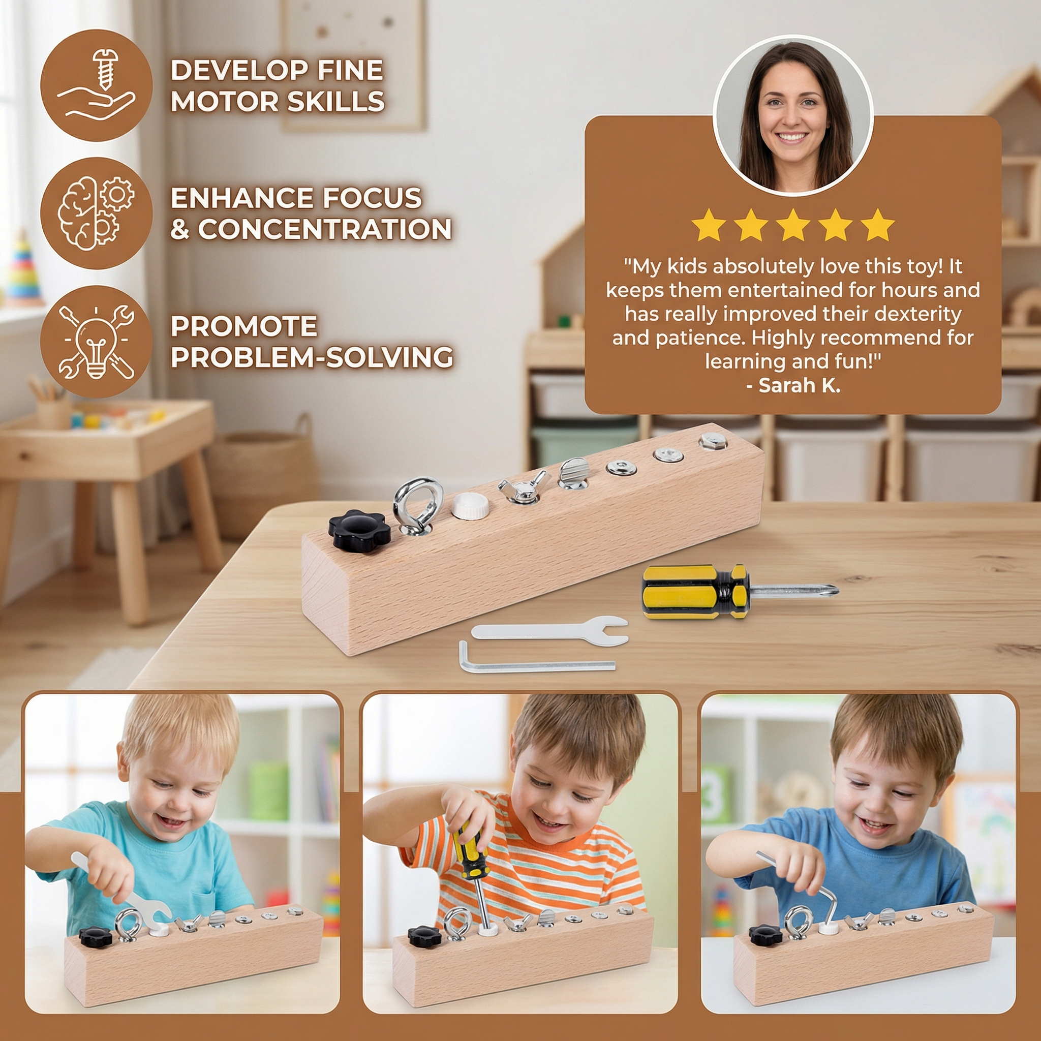 Montessori Wooden Screw and Nut Toy for Fine Motor Skill Practice