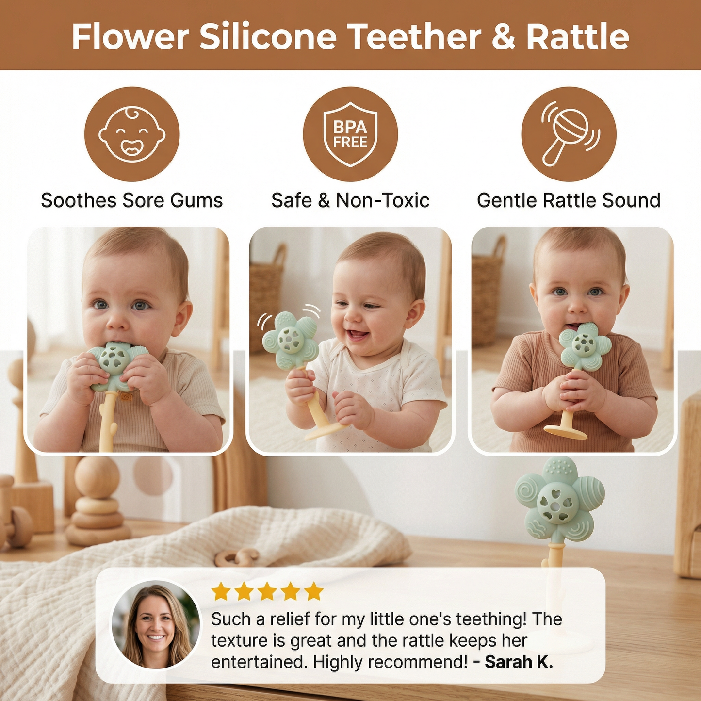 Flower Silicone Teether & Rattle – Gentle BPA-Free Teething Toy for Babies