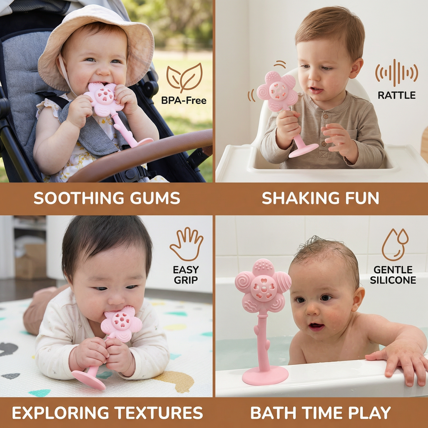 Flower Silicone Teether & Rattle – Gentle BPA-Free Teething Toy for Babies