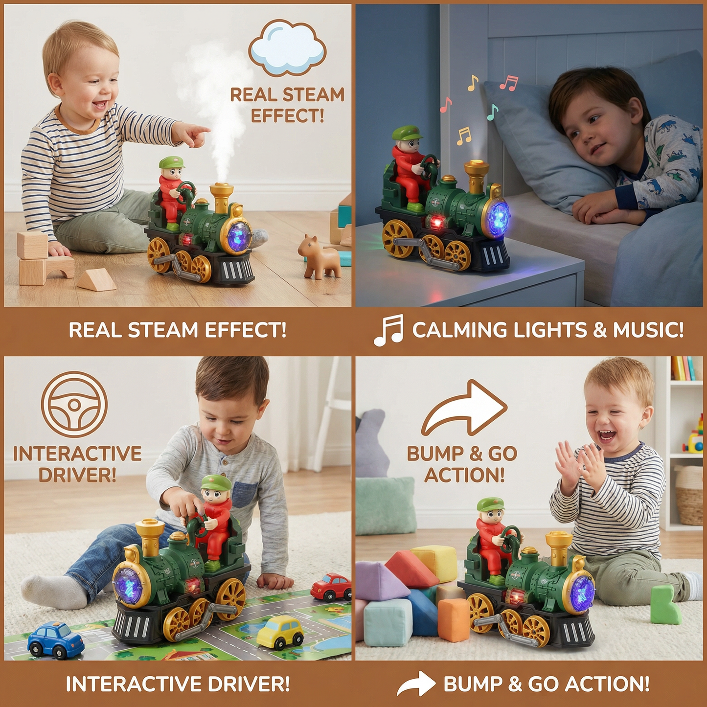 Cute Steam Train Toy with Lights, Music & Realistic Steam Effect