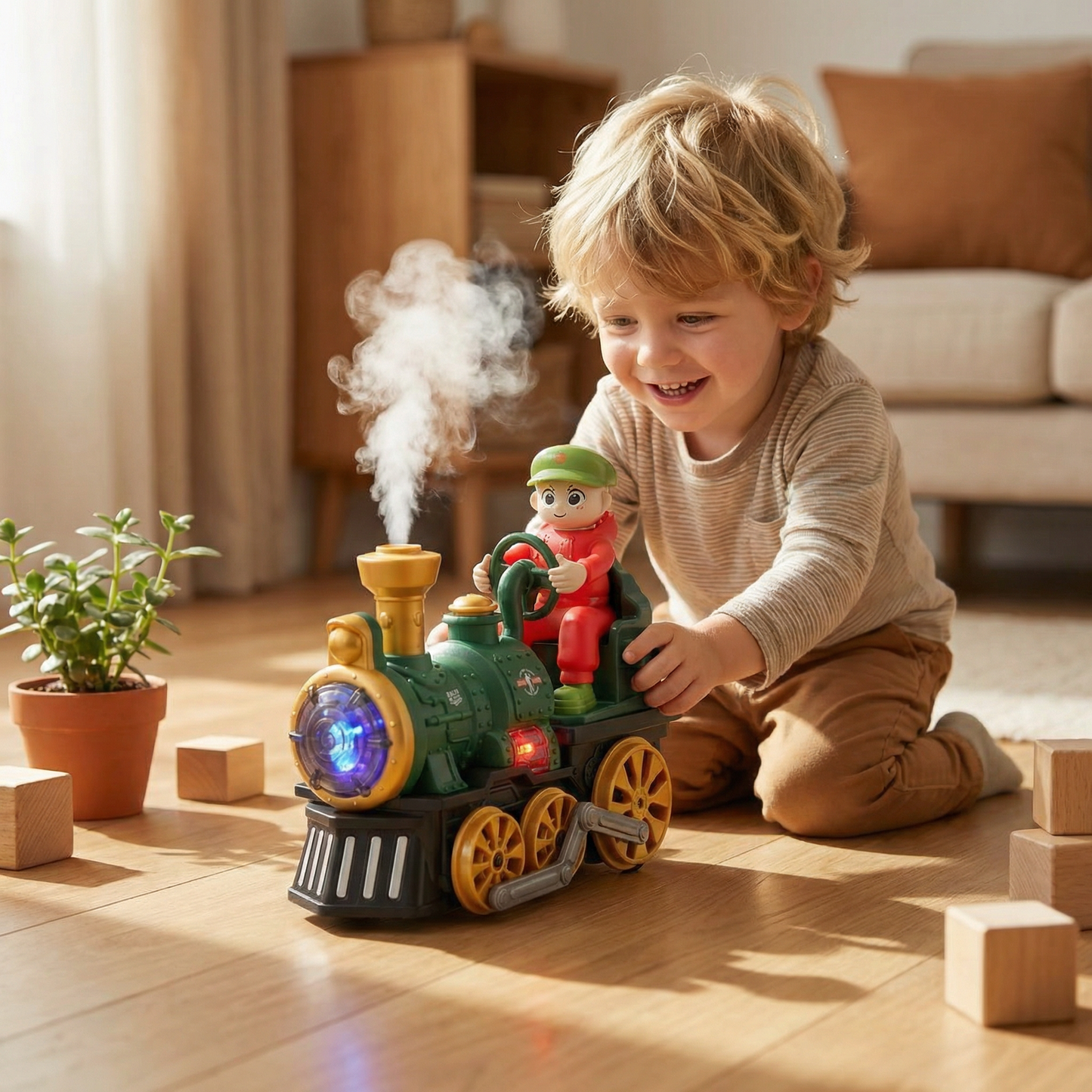 Cute Steam Train Toy with Lights, Music & Realistic Steam Effect