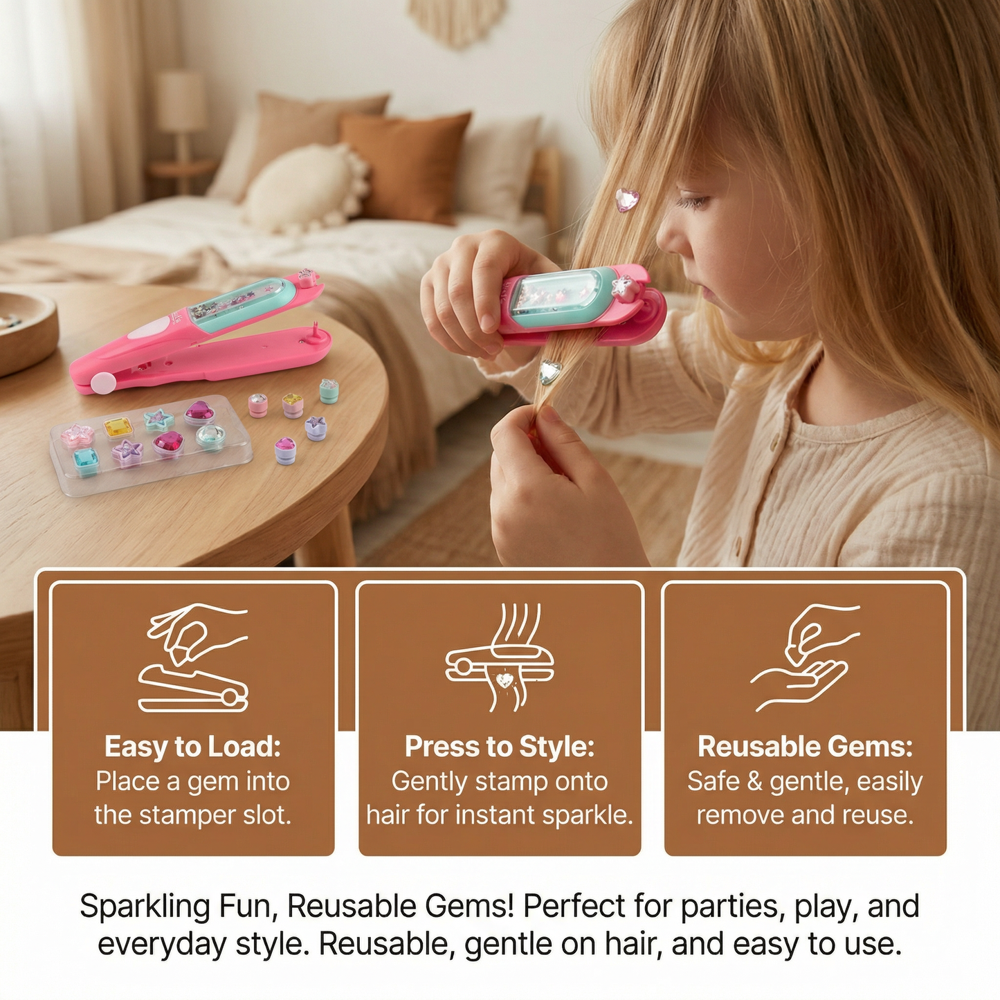 Kids Hair Gem Styling Kit – Hair Gem Stamper with Reusable Sparkling Gems