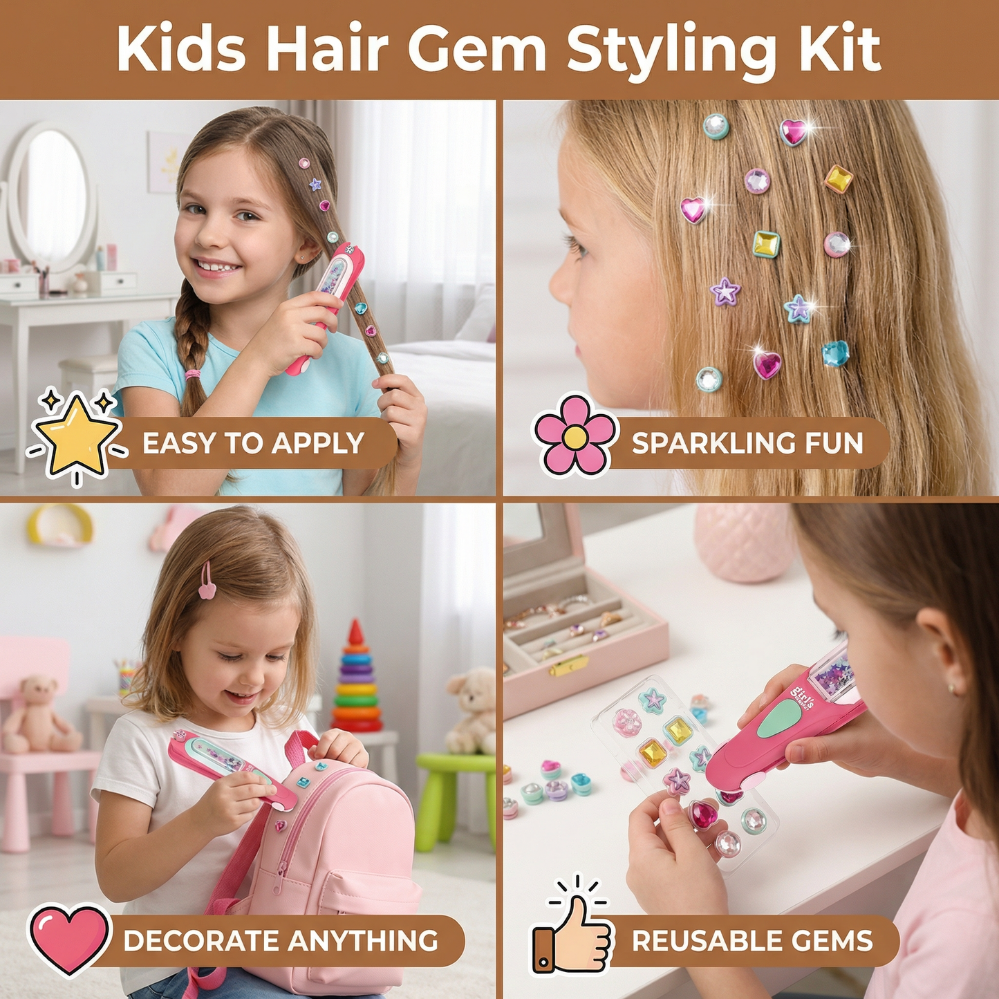 Kids Hair Gem Styling Kit – Hair Gem Stamper with Reusable Sparkling Gems