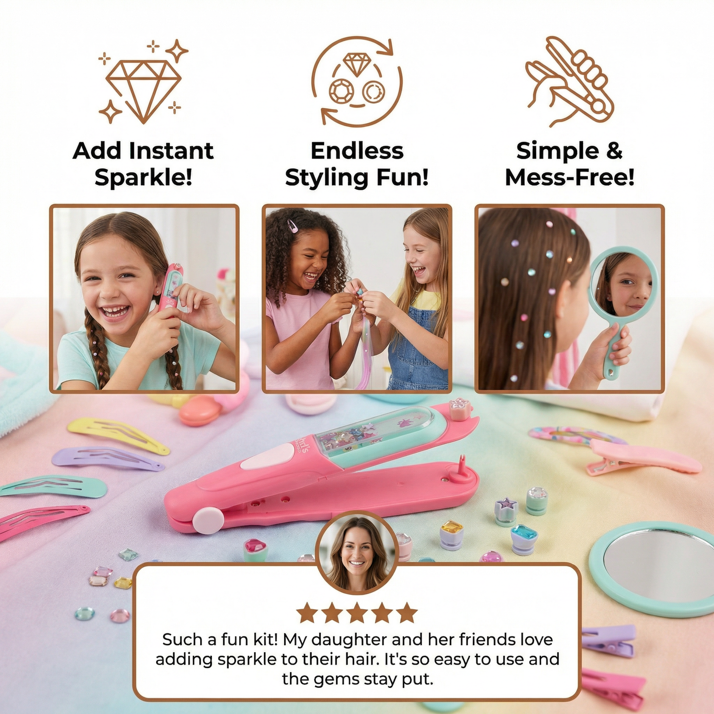 Kids Hair Gem Styling Kit – Hair Gem Stamper with Reusable Sparkling Gems