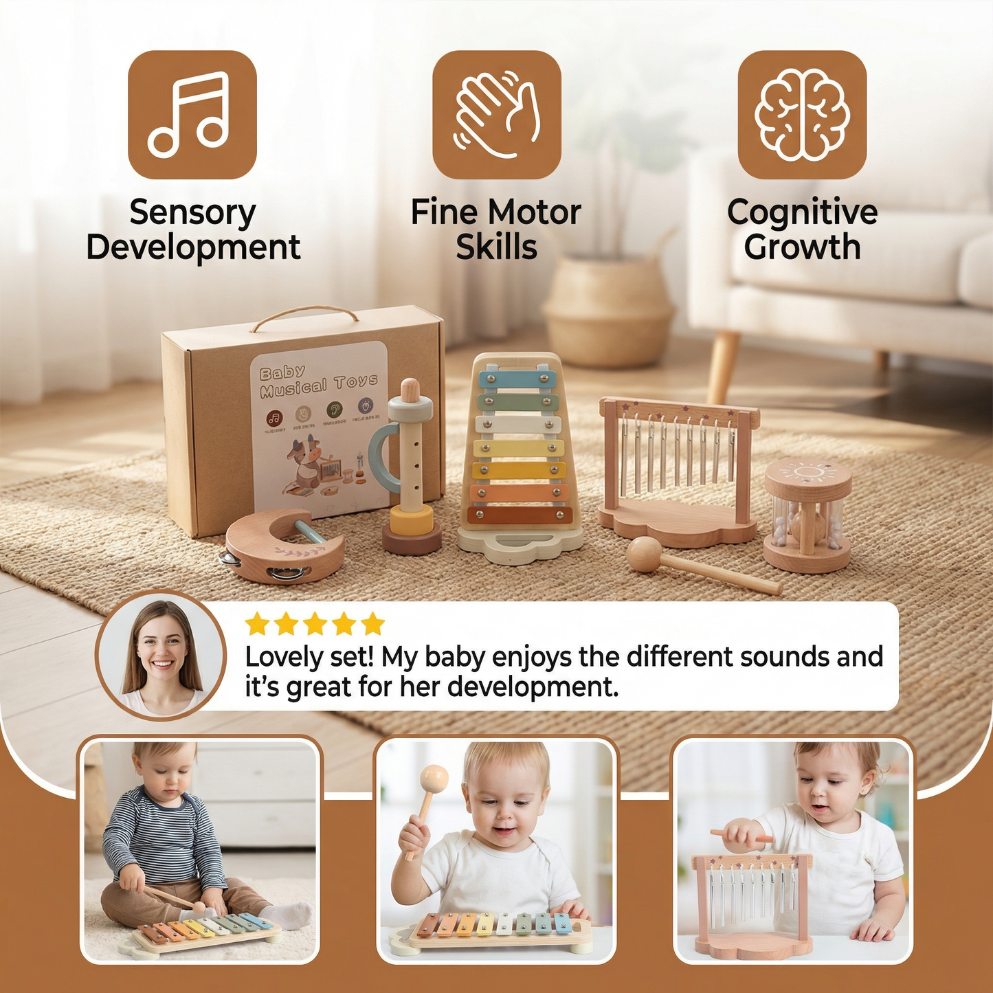 6-Piece Wooden Baby Musical Instrument Set – Sensory Sound & Music Toy