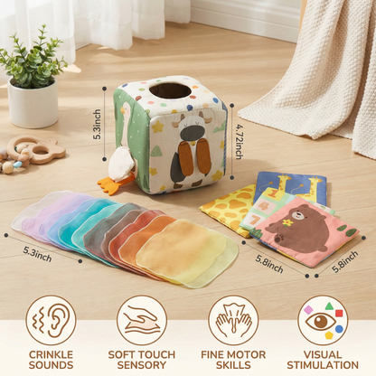 Montessori Baby Sensory Tissue Box – Soft Crinkle & Touch Activity Toy