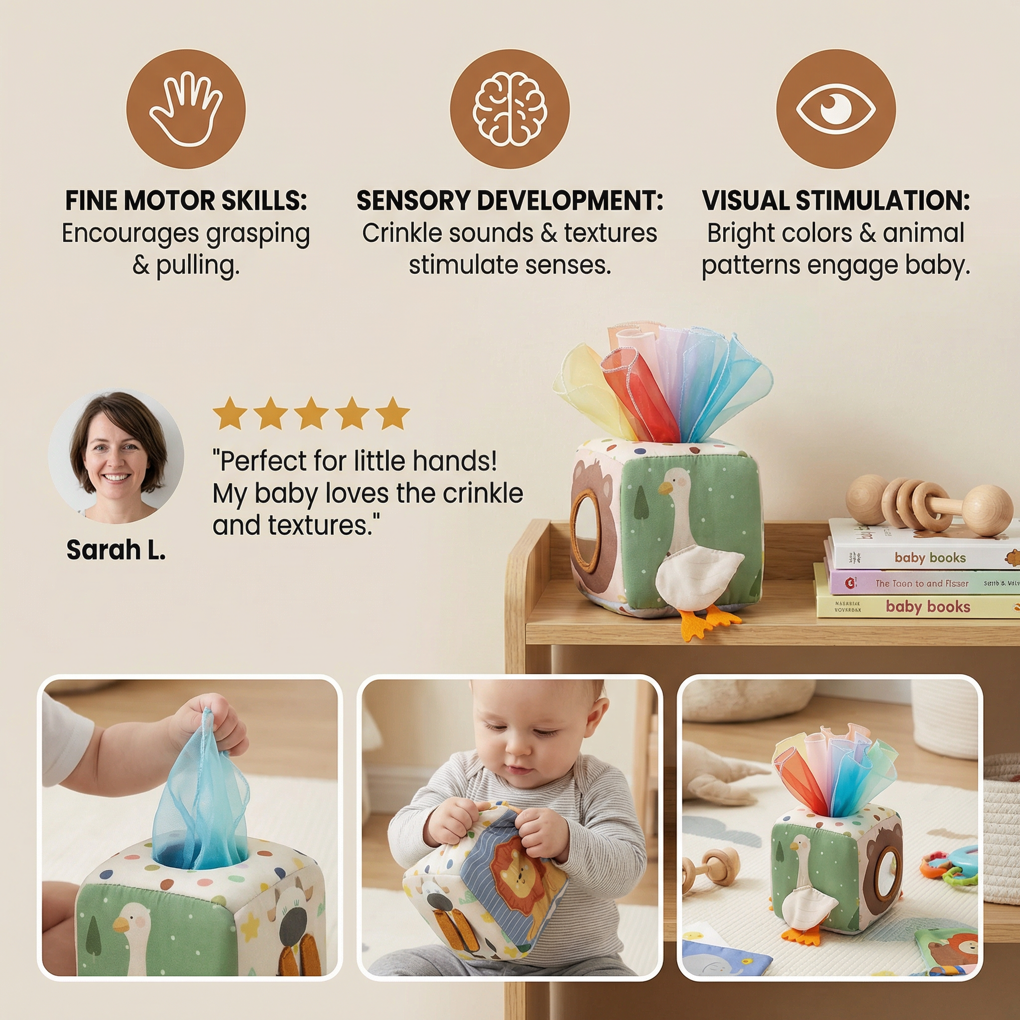 Montessori Baby Sensory Tissue Box with Soft Crinkle Tissues for Touch Play
