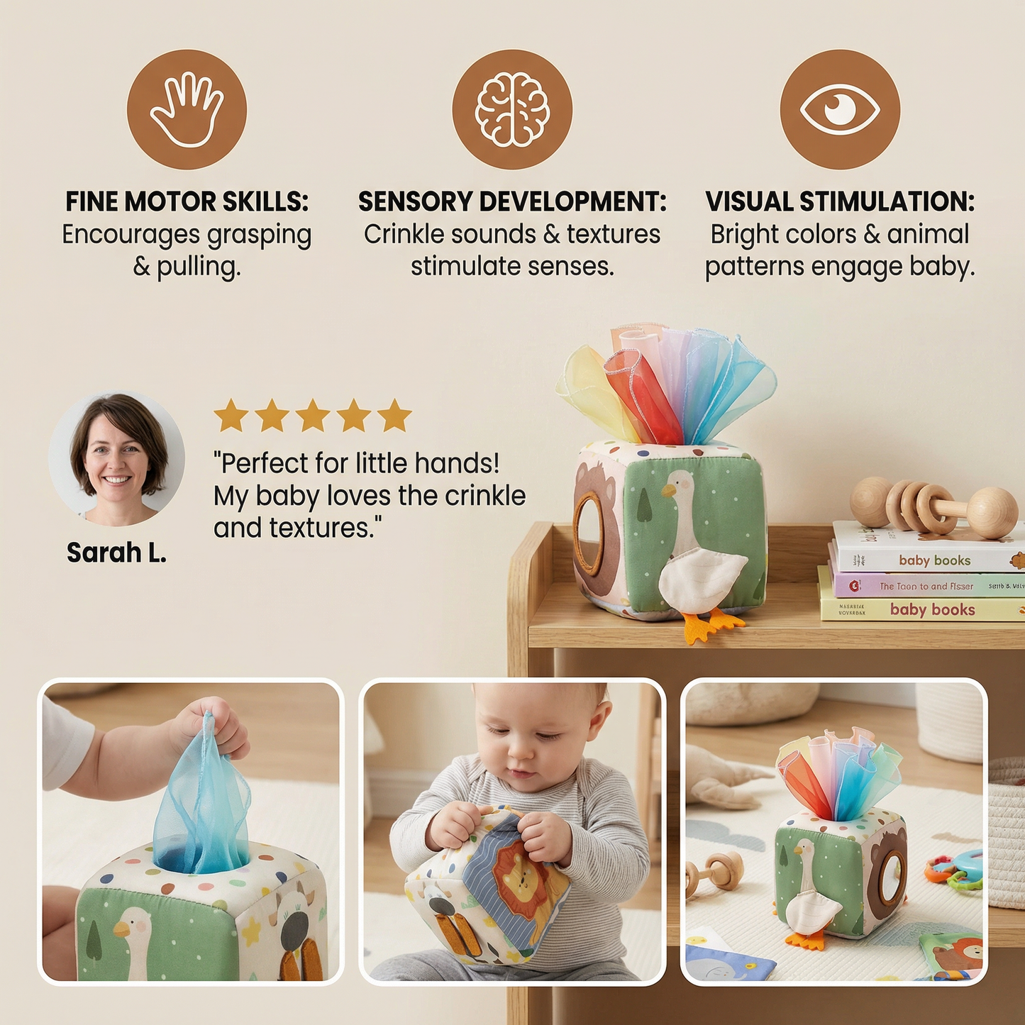Montessori Baby Sensory Tissue Box – Soft Crinkle & Touch Activity Toy