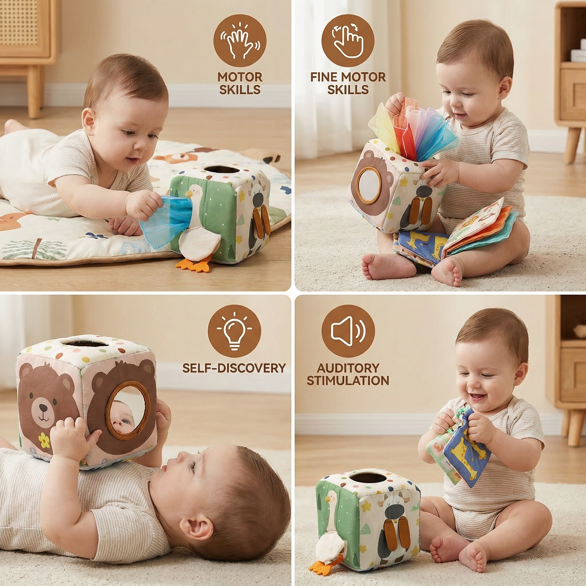 Montessori Baby Sensory Tissue Box with Soft Crinkle Tissues for Touch Play